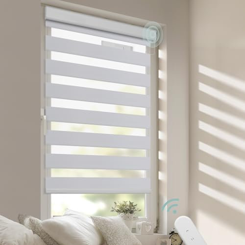 DENFOON Elektrisches Doppelrollo 85cm X 150cm, Klemmträger Für Doppelrollo, Duo Rollo mit Kassette und Fernbedienung, Höhe Stufenlos Verstellbar/Kindersicherung für Fenster