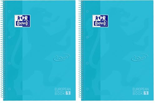Oxford School Europeanbook Notizbuch farbiger Rand A4+ kariert 5mm 80 Blatt Hardcover pastellblau (Packung mit 2)