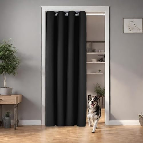 tinycurtains, Türvorhang mit Teleskopstange, einfache Montage in nur 1 Minute ohne Bohren (Türgardine schwarz H200 x B150 cm + Stange weiß B55-90 cm)