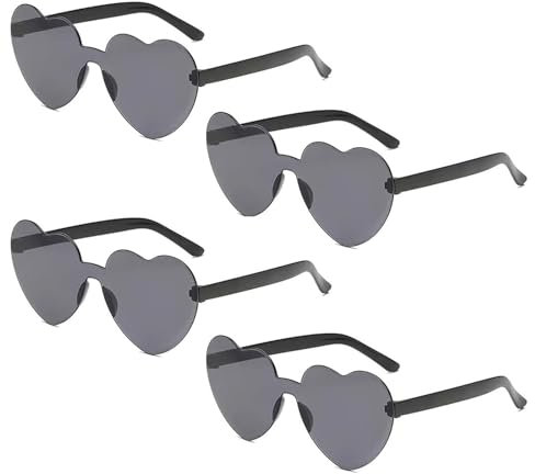 Hippie Herzförmige Brille, Herz Sonnenbrille, Retro Herzbrillen, Herzförmige Brille, Randlose Herz Brille, für Strand, Sommer Feste, Fasching, Party, Hippie Kostüm Zubehör, 4 Stück (Schwarz)