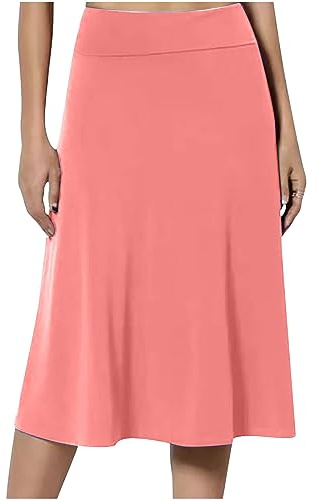 Red Midi Skirts for Women UK Elasticated Waist Skirts Ladies Pleated A Line Knee Length Jersey Pencil Skirt Casual Summer Swing for Office Work Holiday Skirt