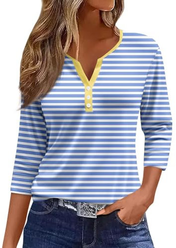 Generic HUIFUAO T-Shirts pour Femmes, T-Shirts d'été à Boutons avec col en V et Manches 3/4 pour Femmes, Haut rayé de Couleur, t-Shirt d'été Basique pour Femme, Coupe Ample, A01 Bleu Clair, S
