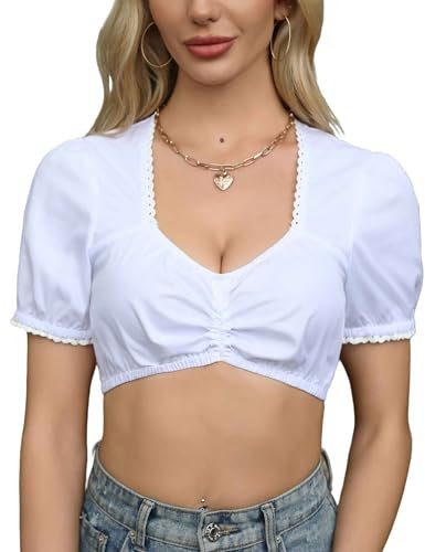 Zeagoo Damen Dirndl Bluse Weiß Trachtenbluse Elegante Dirndlbluse Kurzarm Trachten Bluse Moderne Bayrische Tracht Für Oktoberfest 44