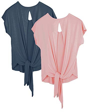 icyzone T-shirts d'entraînement à dos ouvert pour femme, hauts de gym, de yoga, chemises de sport à nouer dans le dos, Camée rose*/Bleu Harbor *, M