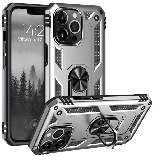 LBH Outdoor Hülle für Apple iPhone 13 Pro Max Armor Militär Stoßfest Handyhülle 360 Grad Metal Ring Halter Ständer Schutzhülle für Handyhalterung Auto Magnet Silber