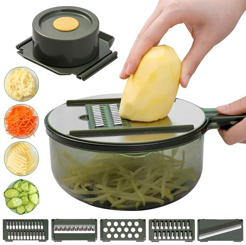 Gemüseschneider, 7 in 1 Lebensmittelschneider Gemüsehobel mit Behälter Lebensmittelzerkleinerer Multifunktionaler Gemüseschneider Slicer mit 5 Edelstahlklingen für Küche (Grün)