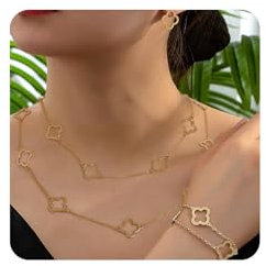 XSDSLS Vierblättriges Kleeblatt Schmuck Set Damen 18K Vergoldet Vierblättriges Kleeblatt Halskette Ohrstecker Armband Gold Silber Mehrschichtiges Vierblättriges Kleeblatt Ohrstecker Armbänder (Gold)