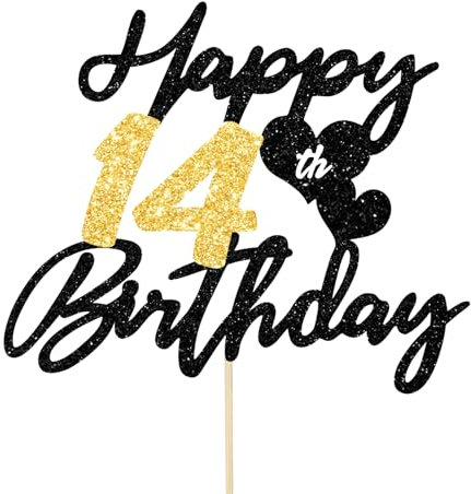 Gleevio Tortendeko 14 Geburtstag Junge Mädchen,Glitzer Kuchen Deko Geburtstag 14 Jahre Mädchen,Happy 14th Birthday Cake Topper,Torten Deko 14 Teenager,Kuchendeko14 Birthday,Weite 16cm Schwarz Gold