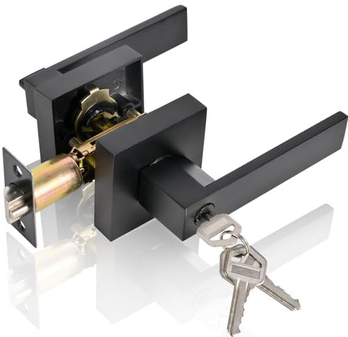 YELANGU 1 Pack Satin Nickel Door Handle Lock, Entrance Door Handles with Locks and Key, Safety Locks Cover Outer Door Handle(Black)