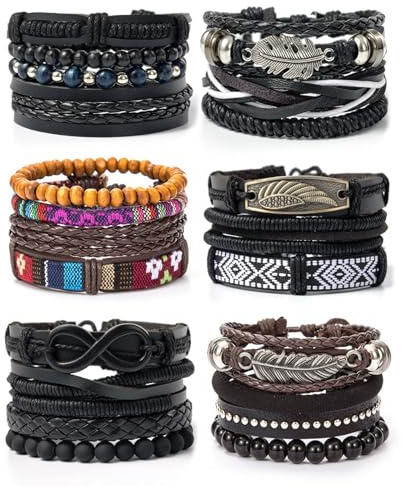 GUSXPPD 6 Stück Lederarmband Herren Damen, Punk Goth Leder Armband Set, Schwarz Geflochtenes Lederarmband, Verstellbar Punk Manschette Braun Herren, Holz Perlen Manschette Wickelarmband (24 Stück)