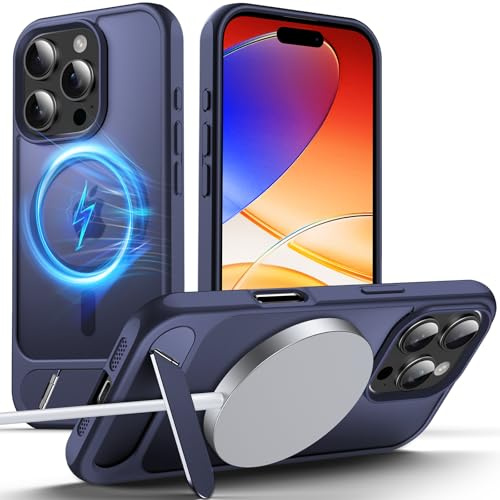 Anqrp Magnetic Case for iPhone 16 Pro, Innovative Invisible Stand, [Compatible with Mag-Safe], Military Drop Shockproof Translucent Matte Phone Case Cover for iPhone 16 Pro 6.3 Navy Blue