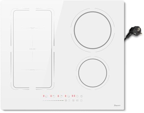 Disaenvir Piano Cottura Induzione Bianco 4 Fuochi con Spina, Piano a Induzione 3500W con Zona Flessibile, Funzione Boost, Timer, Pausa, Mantenimento in Caldo, Blocco di Sicurezza, 220V