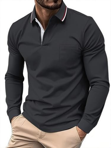 SwissWell Herren Poloshirt Langarm Atmungsaktives Golf Polo T-Shirt Leichtes Polohemd für Outdoor Sport & Business Casual Dunkelgrau 2XL