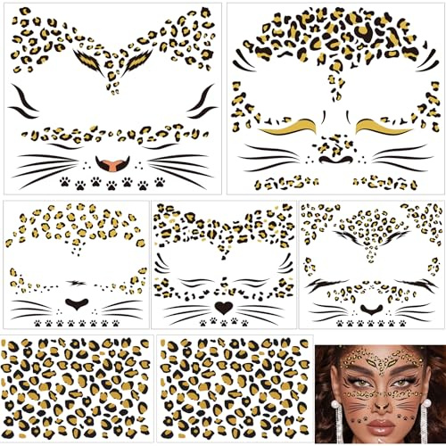 Gleevio 7 Stück Leopard Gesichtstattoo Karneval, Schminke Leopard Tattoo Gesicht, Face Art Sticker, Leoparden Gesichtstattoo, Fasching Tattoo Gesicht, Temporäre Tattoos,Leoparden Kostüm Damen Zubehör