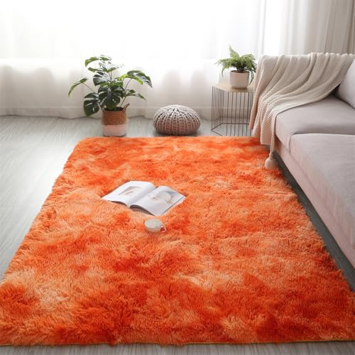 Aexpath Teppiche Wohnzimmer, Orange, 160 x 200 cm, dicker, luxuriöser weicher Hochflor-Teppich, Batik-Teppich, für Wohnzimmer, Schlafzimmer, Flur, handwaschbar, lichtbeständig