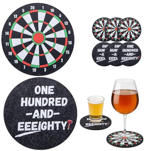 trabag Dart Geschenke für Männer，6 Stück Filzuntersetzer Rund, Dart Zubehör Filz Untersetzer für Gläser mit Spruch und Dartscheibe, Glasuntersetzer und Bierdeckel for Papa
