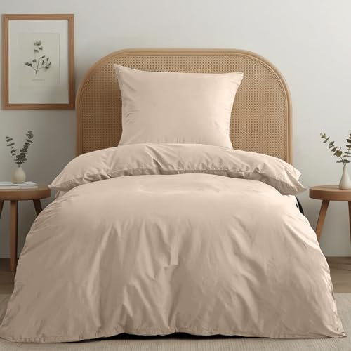 Dreamzie Bettwäsche-Set 135x200 aus Baumwoll-Perkal - Beige - Bettbezug 135x200 und Kissenbezug 80x80 cm - Oeko-Tex Zertifiziert
