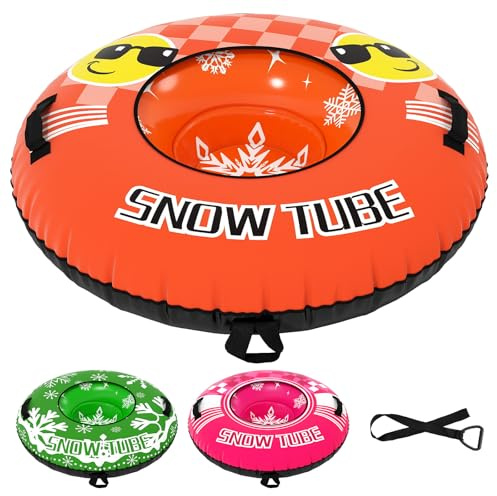 COSTWAY 42”/52 Inflatable Snow Tube, Heavy-Duty Sled Ski Tube with Handles, Premium Oxford Cover and Tow Strap, Outdoor Snow Sledge Fun Toys for Kids & Adults