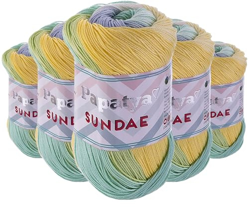 Papatya Sundae Strickgarn 5x100g – Selbstmusterndes Farbverlaufsgarn – Oeko-Tex Häkelgarn für Sommerkleidung & Accessoires
