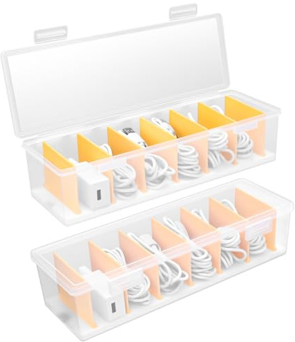 Wexeva 2 Piezas Caja Organizadora Cables con 7 Separadores Extraíbles | Organizador Cables Plástico Transparente, Caja de Almacenamiento Cable para Escritorio, Oficina, Hogar, Recoge Cable