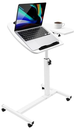 Betttisch auf Rollen, 60×40cm, Höhenverstellbarer Laptoptisch mit Neigbarer Klappbarer Tischplatte, Mobiler Beistelltisch für Krankenbett, Pflegebett, Sofa, Wohnzimmer, Schlafzimmer, Büro, Weiß