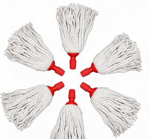 Cotton String Mop Head Replacements, 5-Pack, Super Absorbent, Heavy Duty, Universal Screw-On Design, 12 Socket, for All Floor Types (Red)