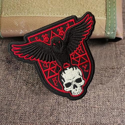 WIKINGER RABE Totenkopf Klett Patch, Okkultes Runen Abzeichen Gestickt, Morale Badge für Rucksäcke Westen Jacken Baseballkappen, 1 Stück 9x7,5cm