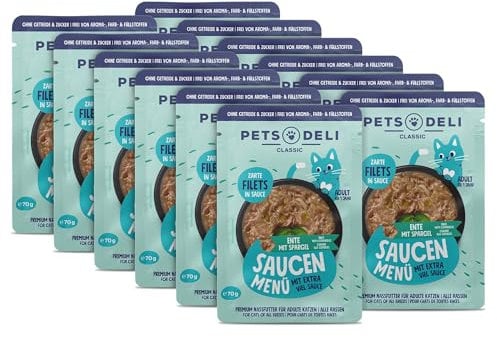 Pets Deli Nassfutter für Katzen Saucen Menü mit Ente und Spargel ohne Zucker und Gluten 12 x 70g