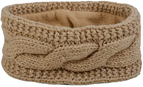 styleBREAKER Damen Stirnband Grobstrick mit Zopfmuster und Pailletten, warmes Fleece Innenfutter, Haarband, Headband 04026002, Farbe:Beige