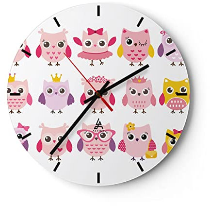 Modern Wanduhr Eule süß spaß Dekoration 30x30cm Rund Klein Wand Uhr Glas Analog Zimmeruhren Küche Büro Wohnzimmer Glasuhr Wall Clock Dekoration Design Wanddekoration Küchenuhr C3AR30x30-2845