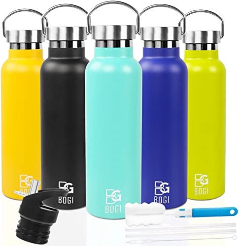 BOGI Insulated Water Bottles with Straw-600ml Stainless Steel Water Bottle Metal Water Bottles,BPA Free Leakproof Reusable Water Bottle with 2Lids,Sports Gym Water Bottle for Kids Girls Boys-Aqual