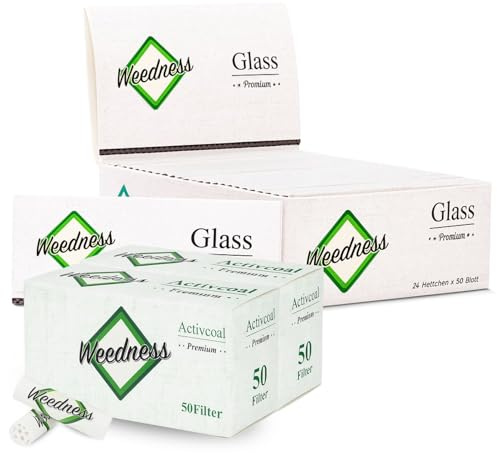 Weedness Glas Long-Papers Box King Size + 100 Aktivkohlefilter - Transparent Glass Longpaper Smoking Paper Rolling