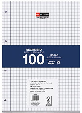 Miquelrius - Nachfüllpackung 100 Blatt, 4 mm Raster & Rand, A4 Format, 4-Loch gestanzt, 90 g/m² Papier