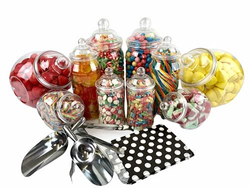 Sweet Tree Celebrations Candy Buffet Pick & Mix Gläser – Set mit 10 gemischten Gläsern mit viktorianischem Bommeldeckel, 2 x Metallzange, Schaufeln und 100 x schwarze gepunktete Papiertüten