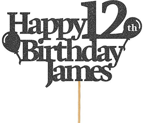 Personalised Happy Birthday Glitter Cake Topper with Balloons - Black Any Name Age Glitter Cake Decoration and Sprinkles - Happy Birthday Decorations - Personalised Toppers for Cakes by Cakeshop