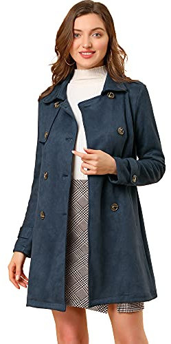 Allegra K Women's Notched Lapel Double Breasted Faux Suede Trench Coat Jacket with Belt Dark Blue S