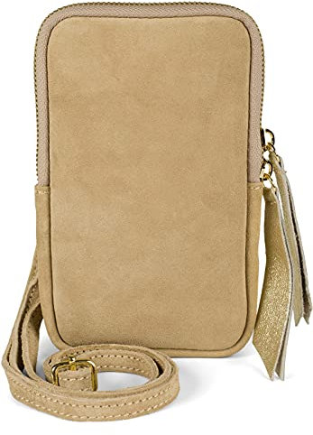 styleBREAKER Damen Leder Handy Umhängetasche aus weichem Veloursleder, Reißverschluss, Echtleder Mini Bag 02012373, Farbe:Hellbraun