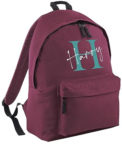 Print Maniacs Personalised Any Name Large 18L Kids Travel Backpack Junior Shoulder Collage Rucksack School Lunch Swimming P.E Laptop Book Bag (Burgundy, Pink/White Text)
