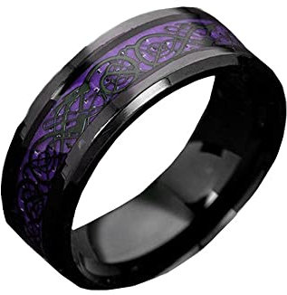 PAMTIER Herren Damen Drachen Ring Edelstahl Kohlefaser Keltischer Drachen Muster Ehering Ring Schwarzer Dargon Lila Schwarz Größe 52 (16.6)