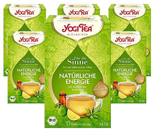 Yogi Tea - Für die Sinne, Natürliche Energie, Weißer Ayurvedischer Tee, Bio, mit Zitronen- und Bergamottöl, Yogi Tee 6er Pack, 6x17 Beutel (102 Teebeutel insgesamt), Ideal als Geschenk