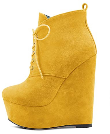 NobleOnly Donna Alto High Tacco Heel Zeppa Piattaforma Rotonda Punta Stivaletti Lacci Cerniera Dress Classico 16 CM Heels Giallo Scamosciato 38 EU