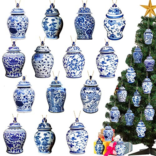 40 Wooden Christmas Ginger Jar Ornaments - Blue and White Chinoiserie Hanging Decor for Xmas Tree