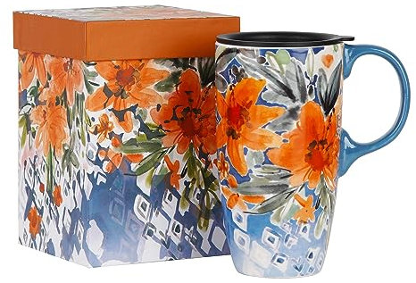 DUSVALLY Ceramic Mug Large Coffee Cups Tall Mug Porcelain Latte Tea Cup with Lid and Handle 17oz,Big Orange Flower