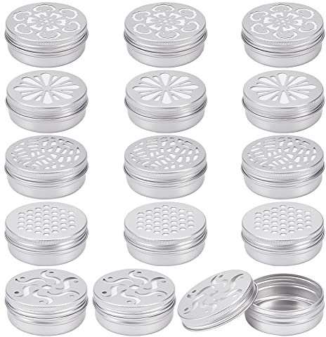 BENECREAT 15 Pack 60ml Aluminium Tins With Hollow Lid, 5 Style Refillable Screw Lid Round Jars Sample for Cosmetic, Aromatherapy, Air Freshener, Candles, Travel Storage, Beads
