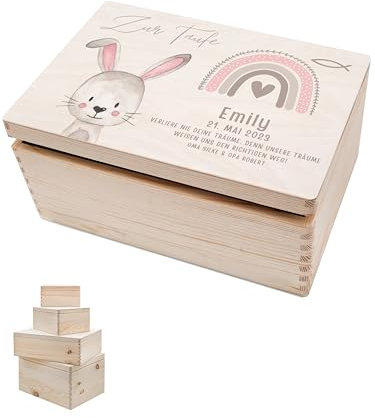 wunderwunsch - Personalisierte Erinnerungsbox Baby mit Hochwertigem Druck - Individuelle Erinnerungsbox - Niedliche Erinnerungskiste aus Holz - Geschenk zur Geburt Hase M-Klappdeckel