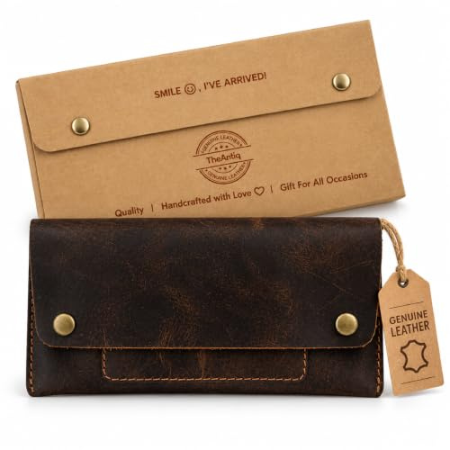 The Antiq Leder-Geldbeutel, Geldschein-Organizer, Dollarscheinhalter, Rechnungs-Organizer, Geldumschlag mit Handytasche, Geldtasche für Männer und Frauen, Braun, 8x4 inches, Retro