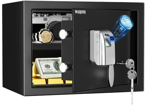 WASJOYE 25L Fingerprint Security Cabinet Safe Box,Biometric Safe-25*35*25CM | Personal Home Safe with Fingerprint Key Lock for Office Hotel Jewelry Gun Safe Storage