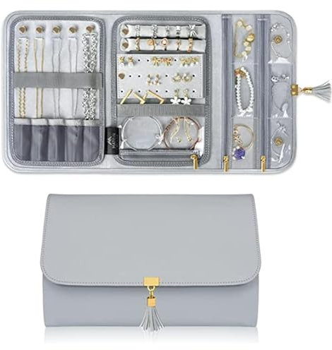 Hileyu Jewellery Rolls for Travelling,Travel Jewellery Box,PU Leather Travel Jewellery Roll,Travel Jewellery Organiser,Jewellery Storage Roll for Rings,Earrings,Necklaces,Bracelets,Grey