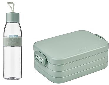 Mepal – Take a Break midi + Botella Ellipse de 500 ml – Nordic Sage – Fiambrera con divisor – Ideal para alimentos con gas – antigoteo – Material irrompible – Kit promocional