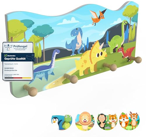 bunnyboo Kindergarderobe aus Holz - Garderobe Kinder mit 4 Kleiderhaken Kinder - kindliche Designs- wunderschöne Garderobenleiste Kinder (Dino)